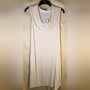 CMC Color Me Cotton Ivory Linen Rayon Cowl Neck Midi Dress Pockets S.